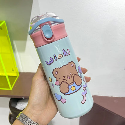 480ML Cute Thermos Bottle with Straw – Portable Kids Stainless Steel Thermal Mug
