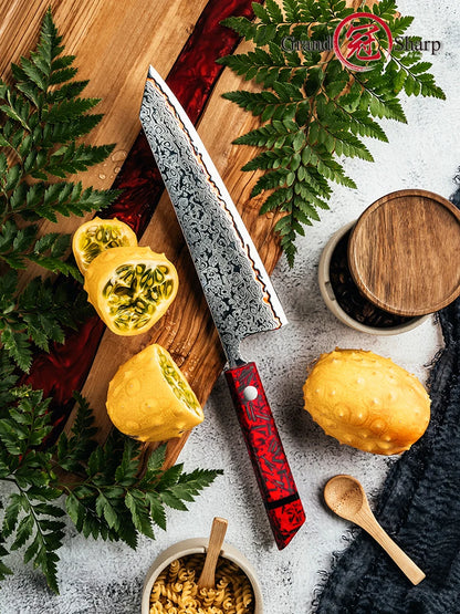 Grandsharp 55-Layer Copper Damascus Kiritsuke Knife – 8-Inch Red Resin & Carbon Fiber Handle