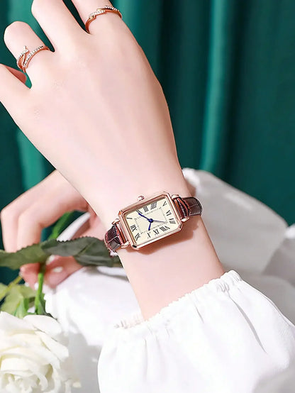 Retro Watches Classic Casual Quartz Dial Leather Strap Band Rectangle Clock Fashionable Wrist Watches for Women - BeeTrendyShop.COM