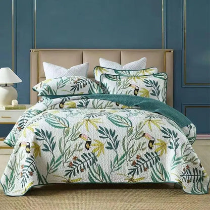 100% Cotton Quilted Bedspread – Rural Retro Bed Cover with Pillowcases for Queen & King Size