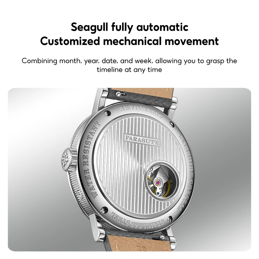 FARASUTE Men's Mechanical Watch Flyback Function Seagull Movement Month Display Week Display Calendar YearDisplay Sapphire Watch