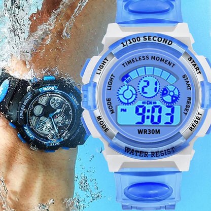 Two digital watches, one blue and one black, with water splashing around them on a blue background.