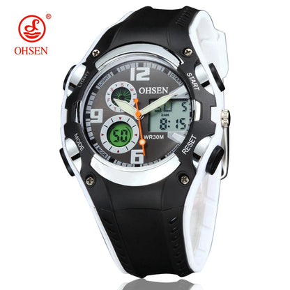 Black and white digital watch with Ohsen branding on a white background