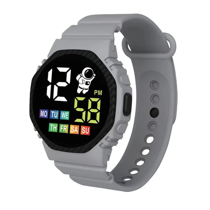 Digital watch with gray strap on a white background