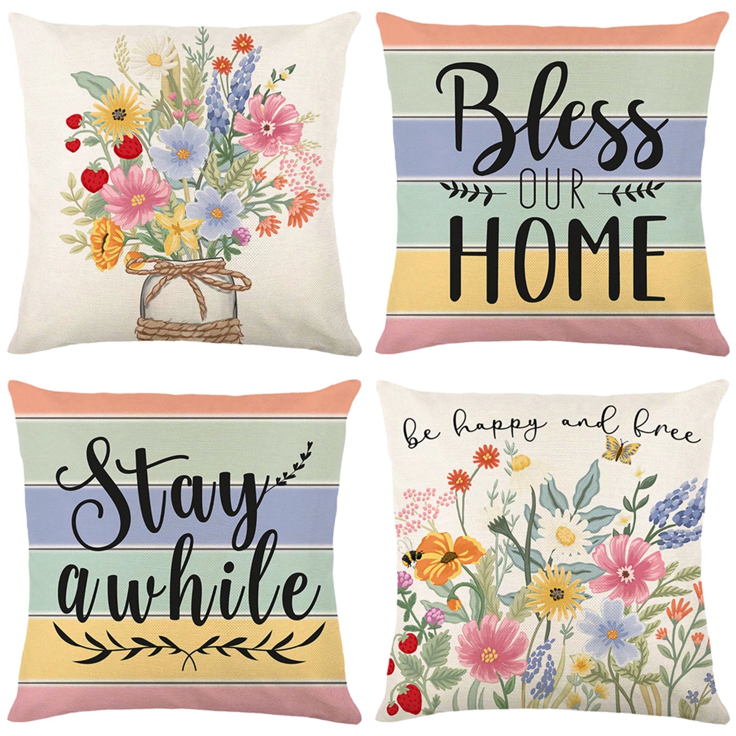4-Piece Floral Linen Throw Pillow Cases – Square Waist Protection Cushion Covers for Sofa & Bed 45x45CM