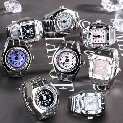 Vintage Punk Finger Watch Mini Elastic Strap Alloy Watches Couple Rings Jewelry Clock Retro Roman Quartz Watch Rings Women Men - BeeTrendyShop.COM