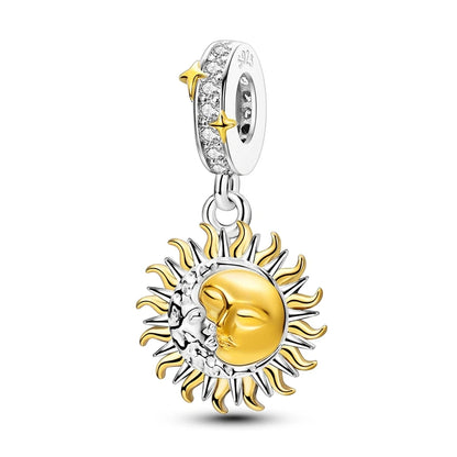 925 Sterling Silver Sunflower & Lucky Stars Charm – Sun Moon Diamond DIY Jewelry