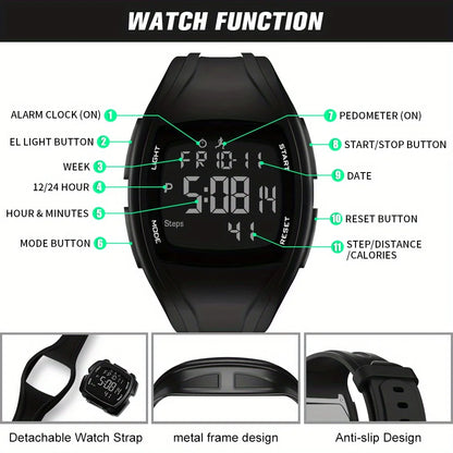 Men's Outdoor Digital Watch – LED Backlight, 5D Pedometer, Countdown, Stopwatch, Waterproof