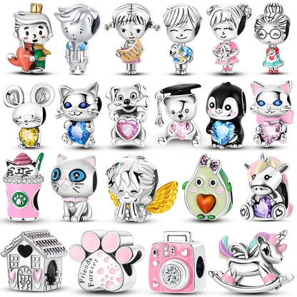 Silver Cute Animal Charm Bead – Penguin & Avocado Dangle Pendant for Bracelets