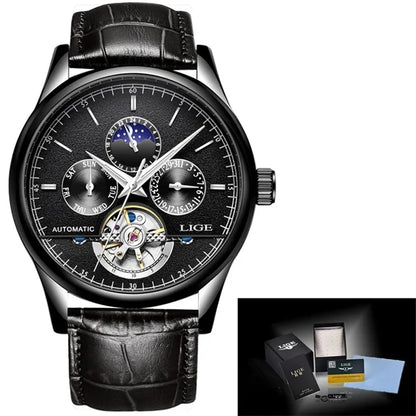 Black wristwatch with detailed face and leather strap, LIGE brand, with packaging inset.