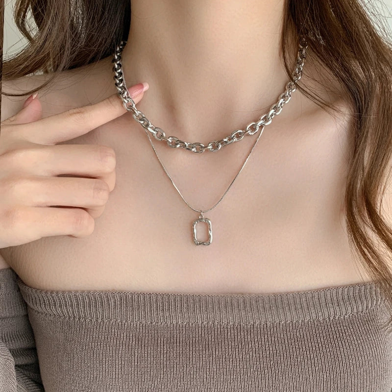 Double Link Necklaces Women Charm Layered Pendant Square Hip Hop Long Chain Punk Aesthetic Party Jewelry Accessories Gift