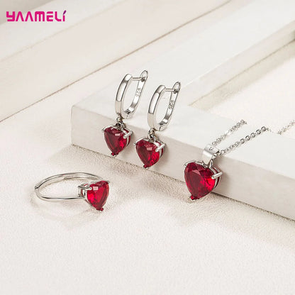 Heart Zircon Jewelry Set – Huggie Earrings, Pendant Necklace & Ring for Women