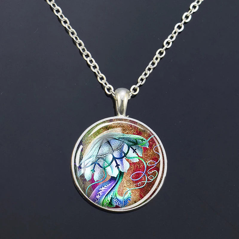 Ocean Marine Animal Glass Dome Pendant Necklace – Sea Turtle, Dolphin & Starfish Long Chain