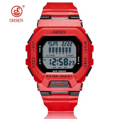 Red digital watch with black display on a white background, featuring the Ohsen brand.