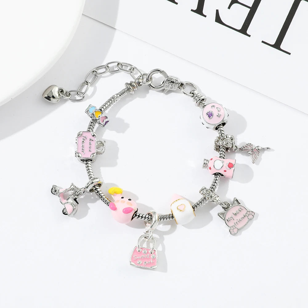 Kawaii Kirby Anime Bracelet – Pink Pendant Snake Chain Bangle
