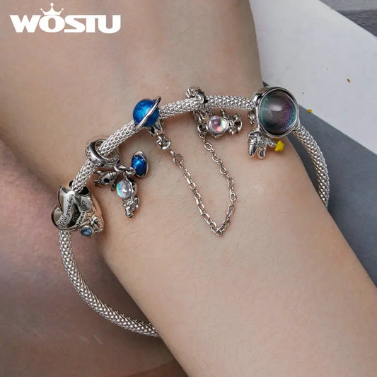 WOSTU 925 Sterling Silver Amimal Safety Chain Heart Key Flower Pendant CZ Charms Stopper Fit Original Bracelet DIY Fine Jewelry