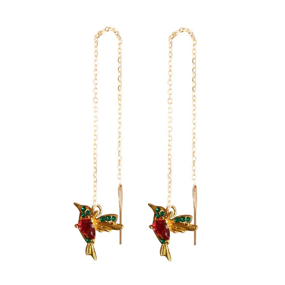 Hummingbird CZ Drop Earrings – Gold Color Zinc Alloy Long Dangle Earrings for Women