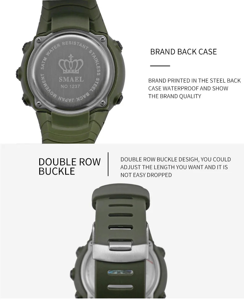 Men's Digital Military Sport Watch – Waterproof, Big Dial, Tactical Black, Stopwatch