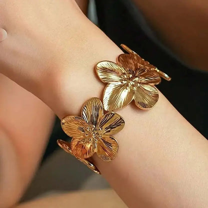 Flower Chunky Opening Bangle – Waterproof Stainless Steel Wide Bracelet for Women