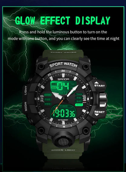 SANDA 6126 Digital Watch – Dual Display, Waterproof Military Sport, Alarm & Stopwatch
