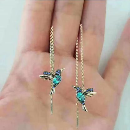 Hummingbird CZ Drop Earrings – Gold Color Zinc Alloy Long Dangle Earrings for Women