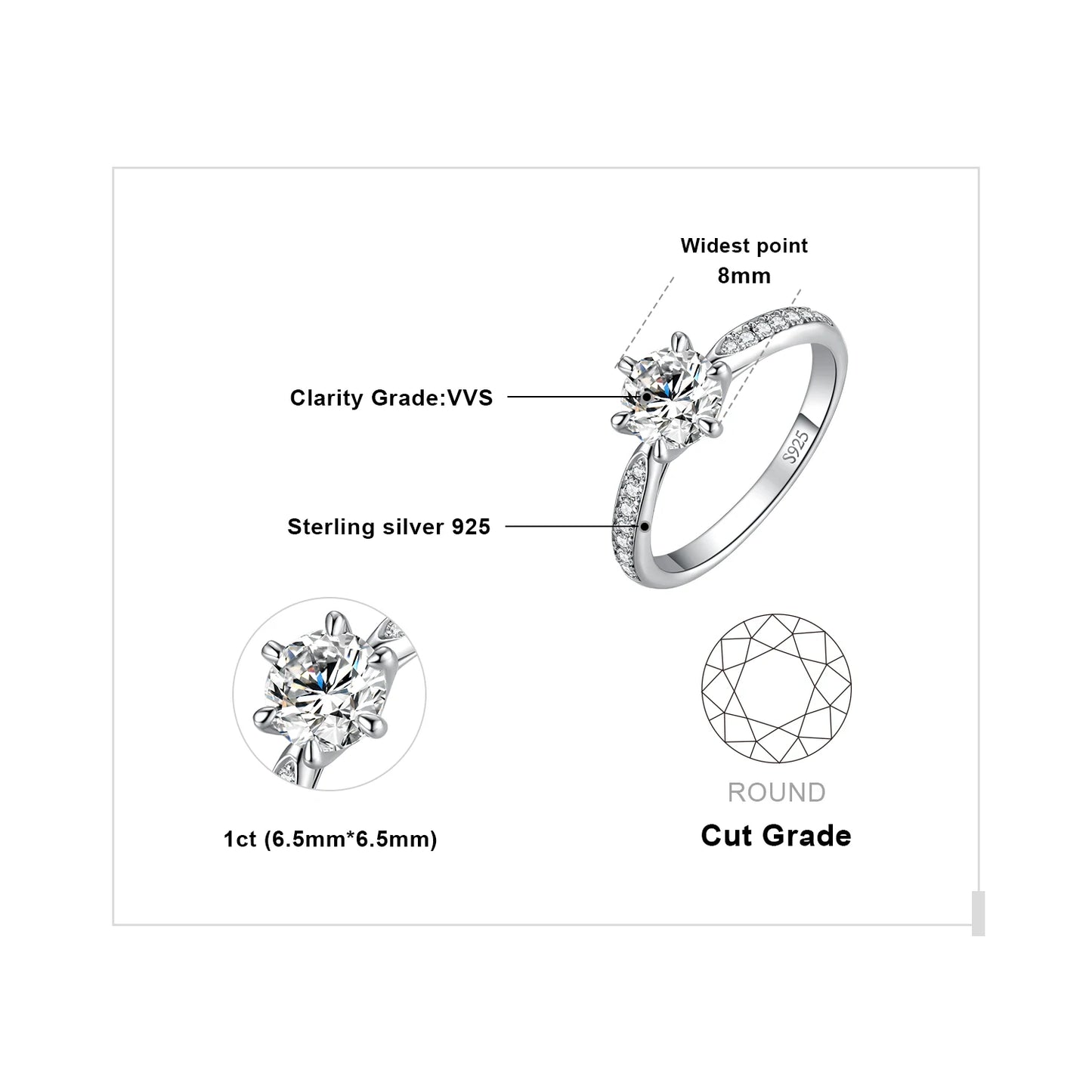 JewelryPalace Moissanite D Color 1ct 1.5ct 2ct 3ct Round S925 Sterling Silver Wedding Engagement Ring for Women