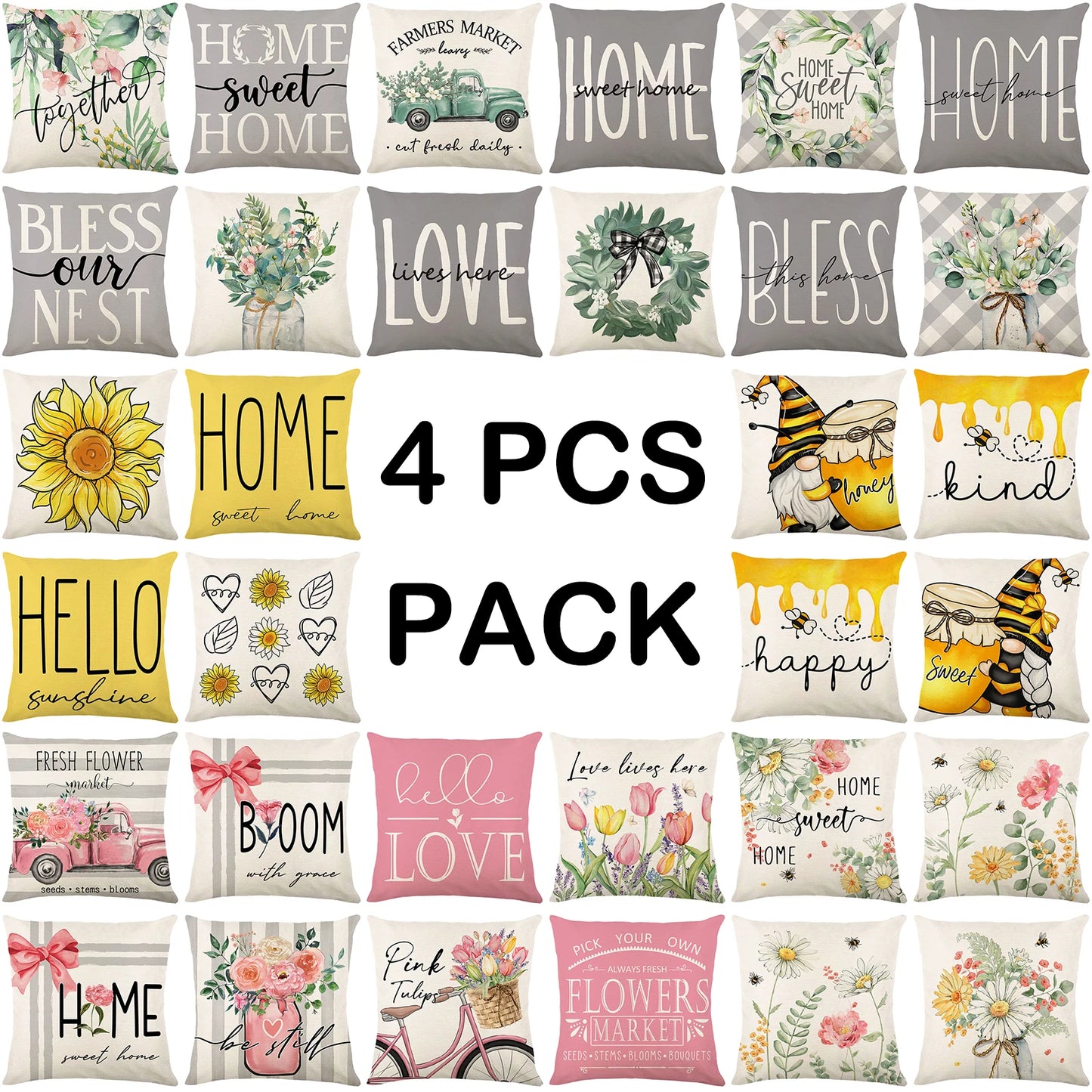 4-Piece Floral Linen Throw Pillow Cases – Square Waist Protection Cushion Covers for Sofa & Bed 45x45CM