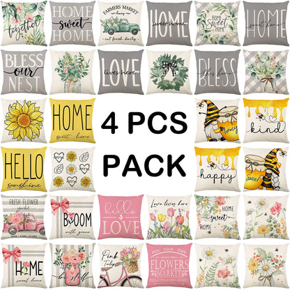 4-Piece Floral Linen Throw Pillow Cases – Square Waist Protection Cushion Covers for Sofa & Bed 45x45CM