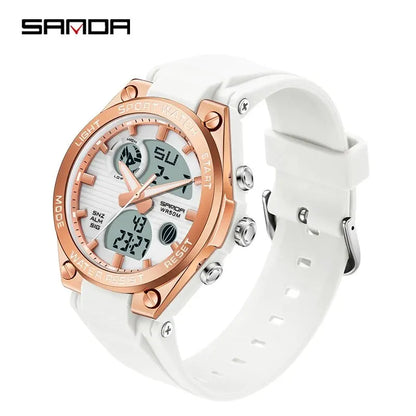 White and rose gold watch with digital display on a white background