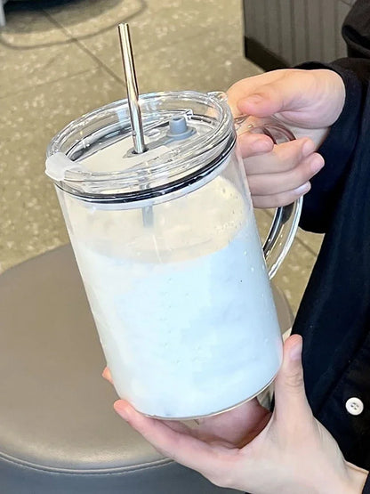 1L Large Glass Cup with Lid & Straw – Iced Coffee Juice Water Mug