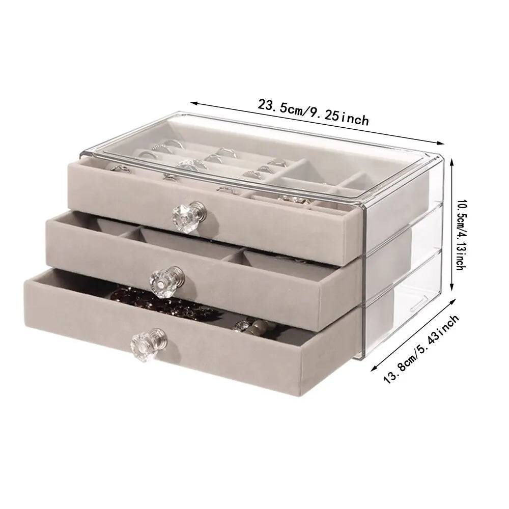 3-Layer Flannel Jewelry Box with Drawers – Earrings, Necklaces & Rings Organizer
