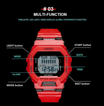 Men's Outdoor Tactical Digital Watch – Green Silicone, Waterproof, Big Dial, Sport Wristwatch