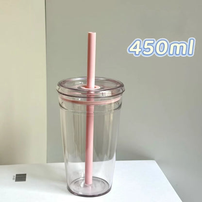450ML Reusable Plastic Straw Cup – Transparent Coffee Tumbler for Car & Office