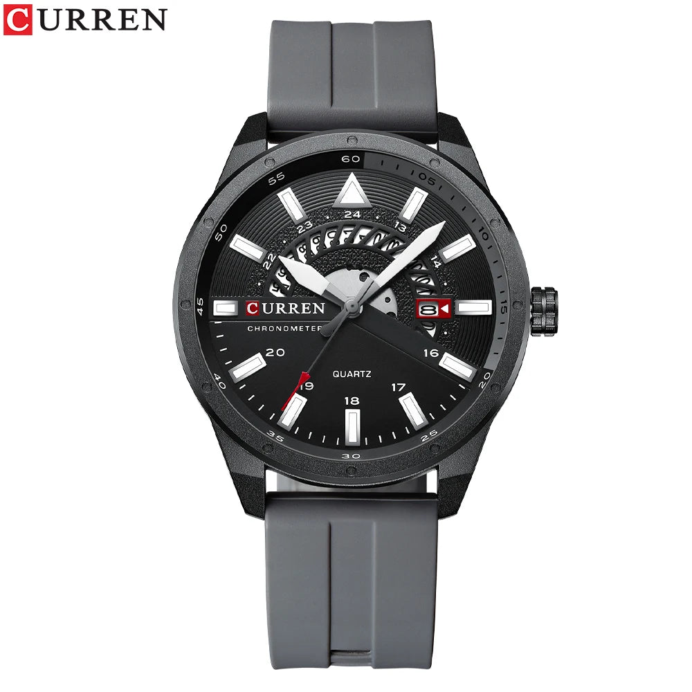 Black wristwatch with gray strap on a white background, featuring the brand 'Curren'.