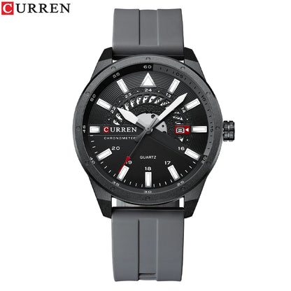Black wristwatch with gray strap on a white background, featuring the brand 'Curren'.