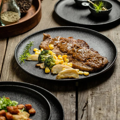 Japanese-Style Black Ceramic Plate Set – Steak & Western Food Dinnerware for Home & Kitchen