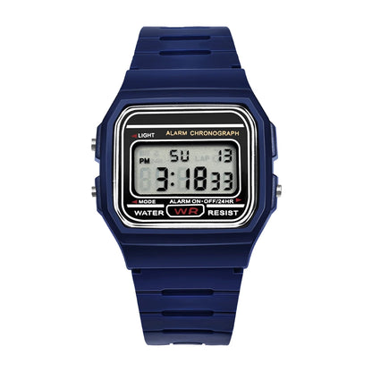 Blue digital watch with a white background