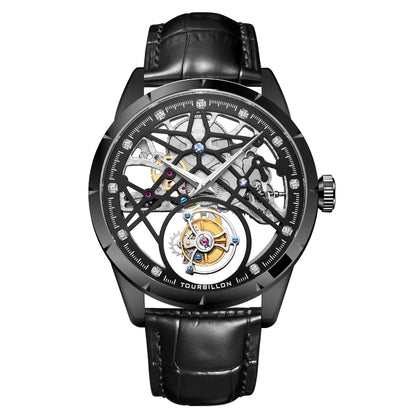 Luxury watch with black leather strap and intricate face on a white background