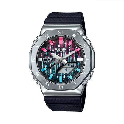 G-Shock watch with black strap and colorful face on white background