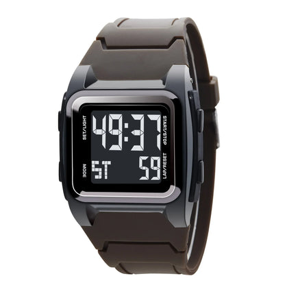 Digital watch with a brown strap on a white background