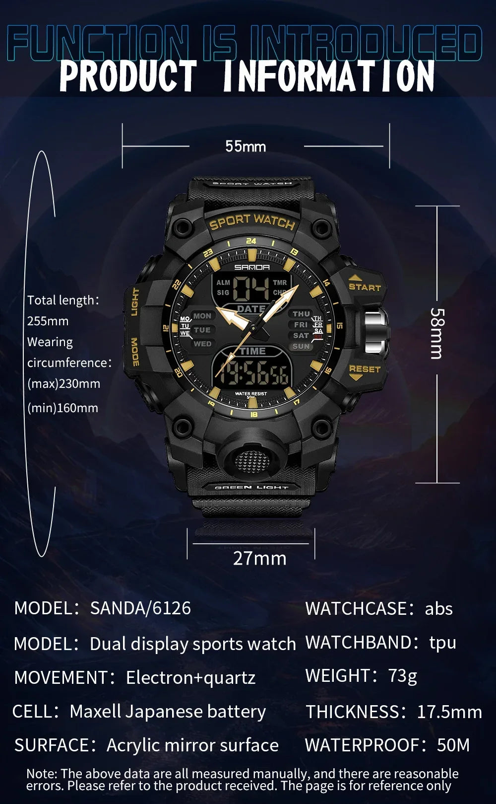 SANDA 6126  Digital Clock Dual Display Men Watches Waterproof Sports Watch Military Man Alarm Stopwatch Quartz Wristwatch Male