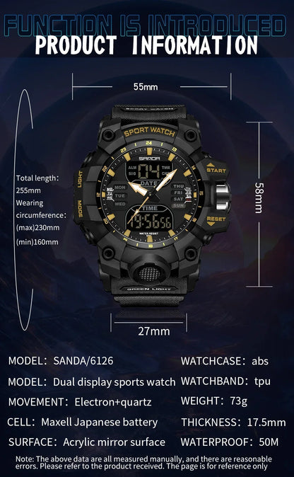 SANDA 6126 Digital Watch – Dual Display, Waterproof Military Sport, Alarm & Stopwatch