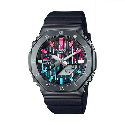Black Casio G-Shock watch with colorful face on a white background