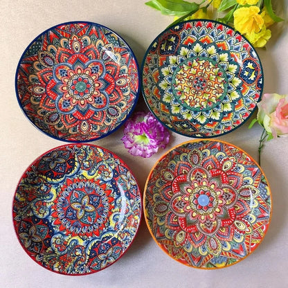 8-Inch Bohemian Ceramic Steak & Dinner Plate – Vintage Floral Dinnerware for Home & Restaurant