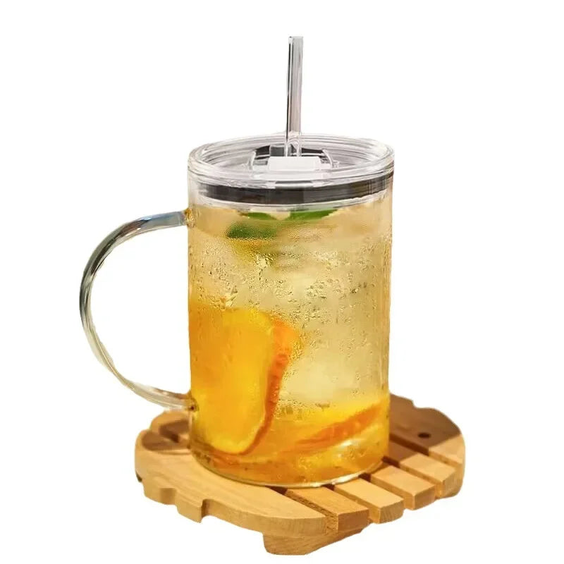 1L Large Glass Cup with Lid & Straw – Iced Coffee Juice Water Mug