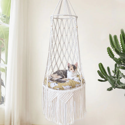 Bohemian Handmade Cat Hammock - 40cm Macrame Cotton Rope Swing - BeeTrendyShop.COM