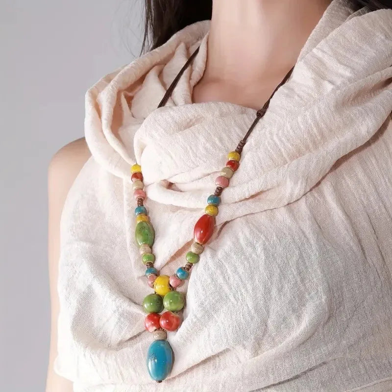 Colorful Handmade Ceramic Necklace – Multilayer Boho Beaded Jewelry