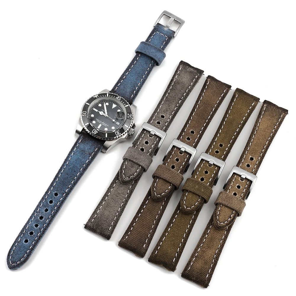 Retro Wet Wax Canvas Watch Band 18mm 19mm 20mm 21mm 22mm Gray Blue Brown Green Denim Strap Replacement Quick Release Watchbands - BeeTrendyShop.COM