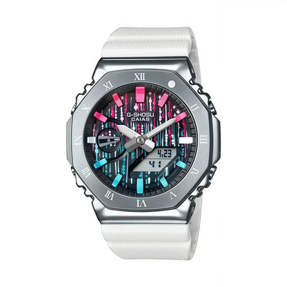 G-Shock watch with a white band and colorful face on a white background