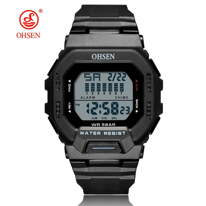 Black digital watch with Ohsen branding on a white background